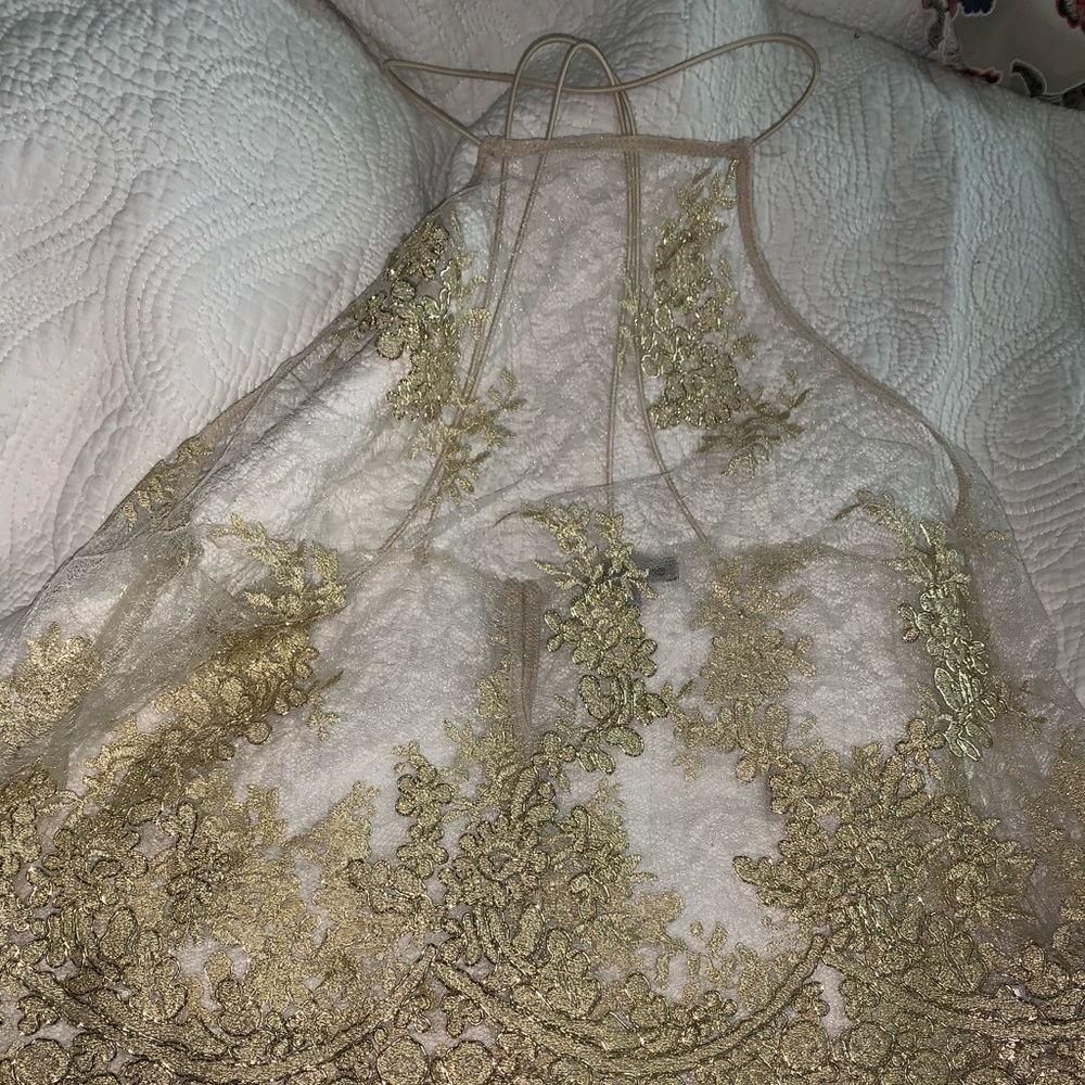 Mesh Gold Floral Embroidered Halter Top